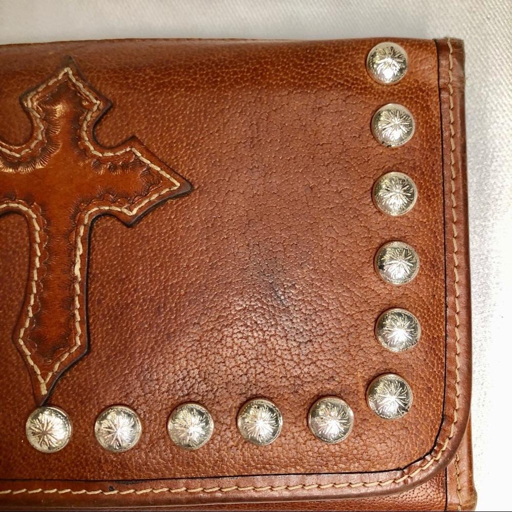 WESTERN LEATHER WALLET CROSS BROWN HAND STITCHED SILVER STUDS COWGIRL BOY UNISEX - Picture 6 of 9